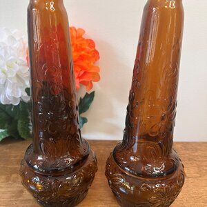 Vintage MCM Amber Glass Genie Bottles Pair Portugal Embossed Floral Decanter Vas